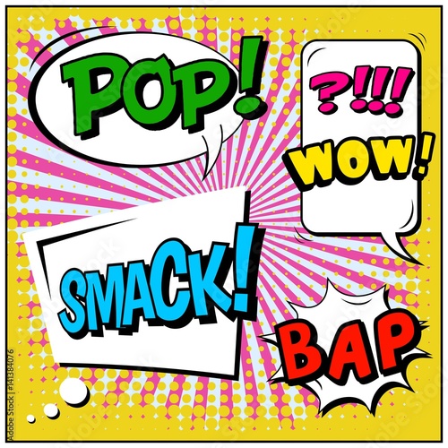 Abstract creative concept vector comic pop art style blank, layout template with clouds beams and isolated dots background. For sale banner, empty speech bubble set, illustration halftone book design.