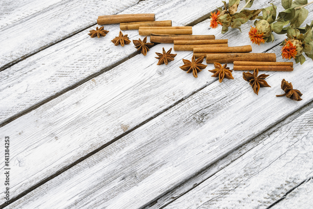 Spices on a white wooden surface Spices on a white wooden surface