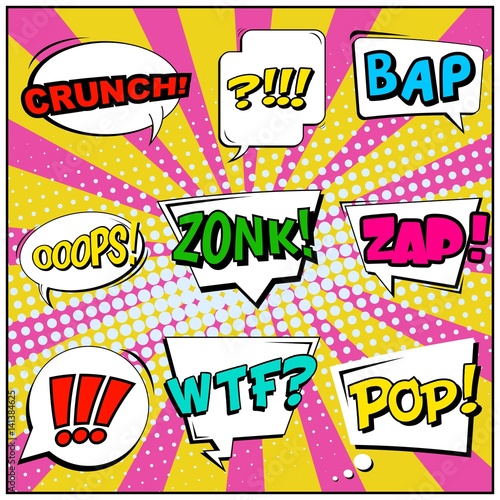 Abstract creative concept vector comic pop art style blank, layout template with clouds beams and isolated dots background. For sale banner, empty speech bubble set, illustration halftone book design.