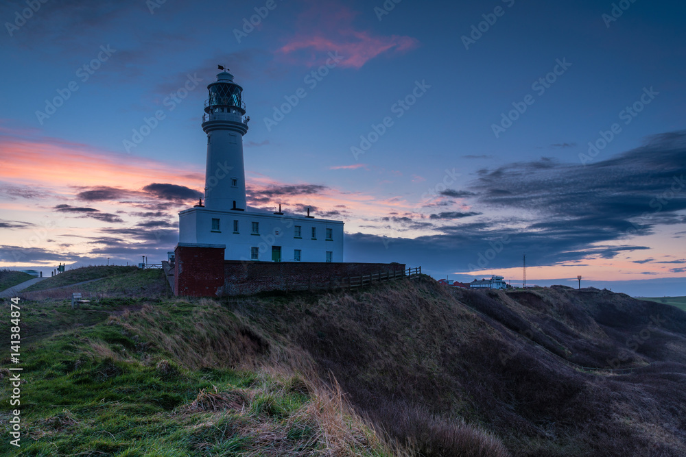 Twilight at Flamborough Head Lighthouse / Flamborough Head is an eight mile long promontory on the Yorkshire coastline. It is a chalk headland, with sheer white cliffs