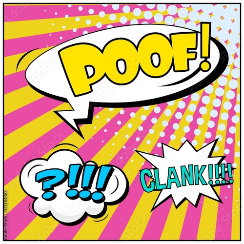 Abstract creative concept vector comic pop art style blank, layout template with clouds beams and isolated dots background. For sale banner, empty speech bubble set, illustration halftone book design.
