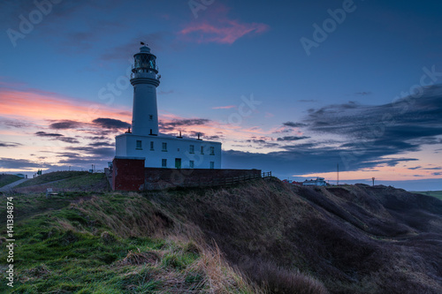 Twilight at Flamborough Head Lighthouse / Flamborough Head is an eight mile long promontory on the Yorkshire coastline. It is a chalk headland, with sheer white cliffs