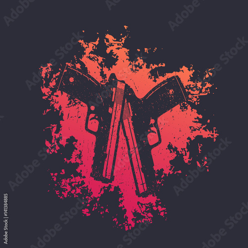 2 pistols on red splash, two crossed guns, t-shirt print with handguns, vector illustration