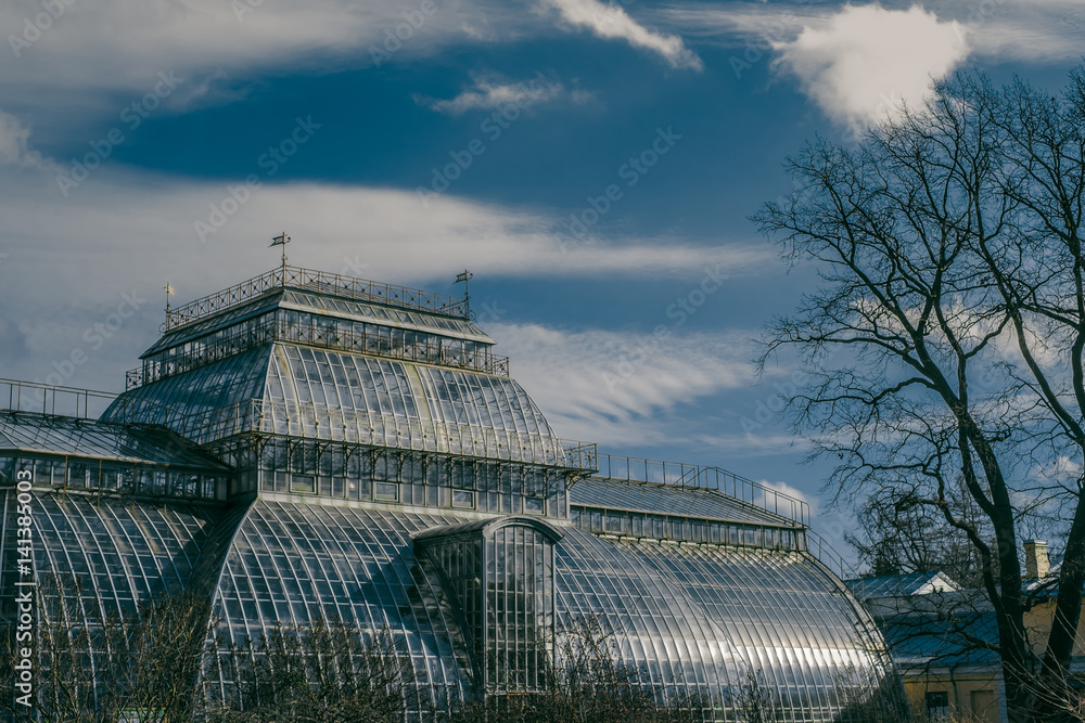 Building of Saint Petersburg botanical garden (public property) with scenic sky Building of Saint Petersburg botanical garden (public property) with scenic sky