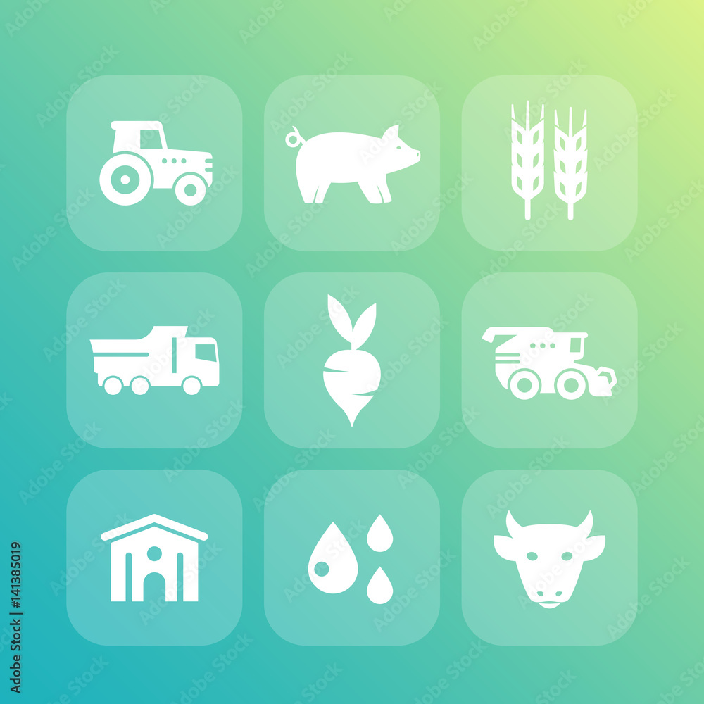 Agriculture, farming icons set, cattle raising, hangar, harvest, agrimotor, combine harvester Agriculture, farming icons set, cattle raising, hangar, harvest, agrimotor, combine harvester