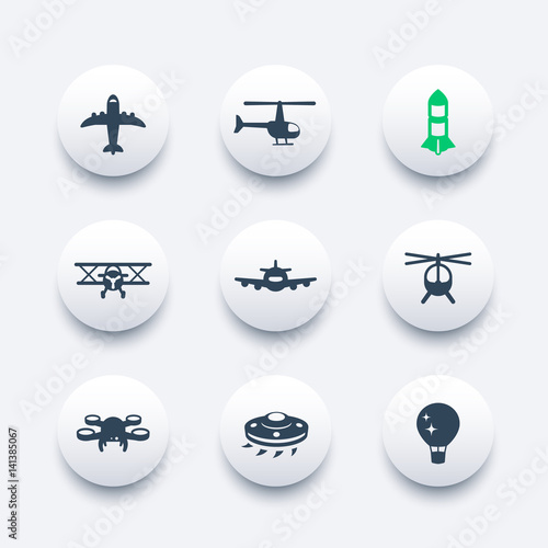 Aircrafts icons set, aviation, air transport, airplane, helicopter, drone, biplane, alien spaceship, balloon