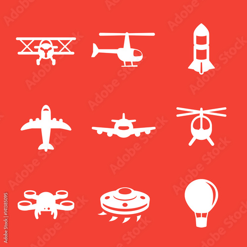 Aircrafts icons, airplane, aviation, air transport, helicopter, drone, biplane, air balloon, alien spaceship