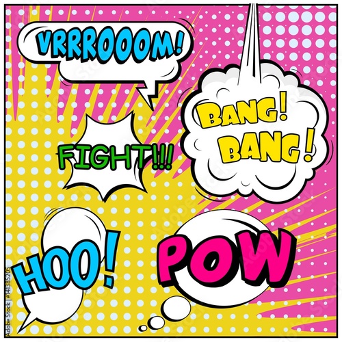 Abstract creative concept vector comic pop art style blank, layout template with clouds beams and isolated dots background. For sale banner, empty speech bubble set, illustration halftone book design.