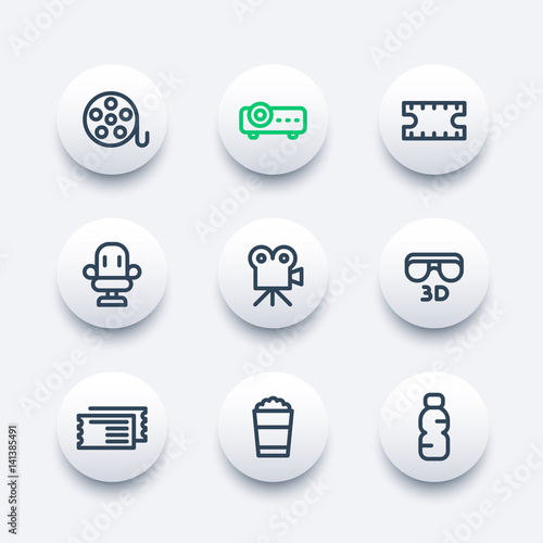 cinema icons set in line style, film reel, projector, movie in 3d, tickets, seat, popcorn bucket