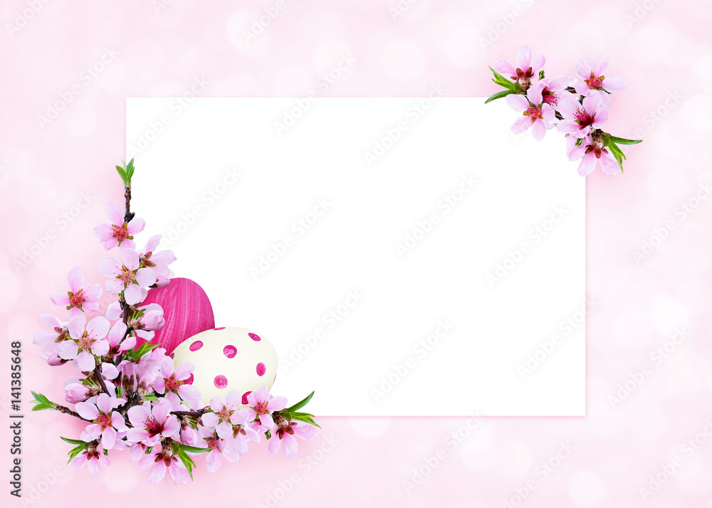 Peach twigs and painted eggs corner Easter arrangement with a card Peach twigs and painted eggs corner Easter arrangement with a card