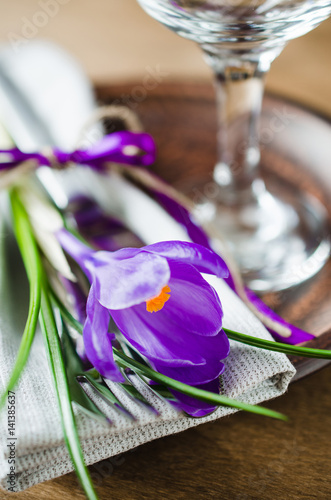 Fototapeta Naklejka Na Ścianę i Meble -  Spring Festive Table Setting With Fresh Flower.