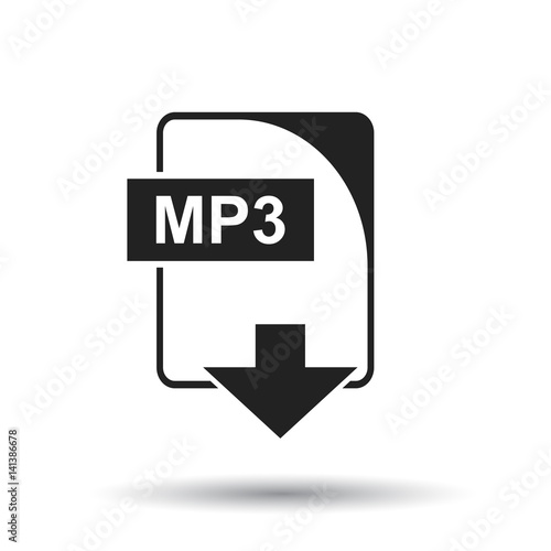 MP3 icon. Flat vector illustration. MP3 download sign symbol with shadow on white background.