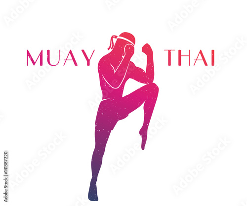 Muay thai athlete silhouette, male boxer in a defensive fighting stance, man doing boxing exercise, logo element, t-shirt print, with
