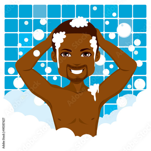 African American man bathing happy on bathroom with lots of bubble foam