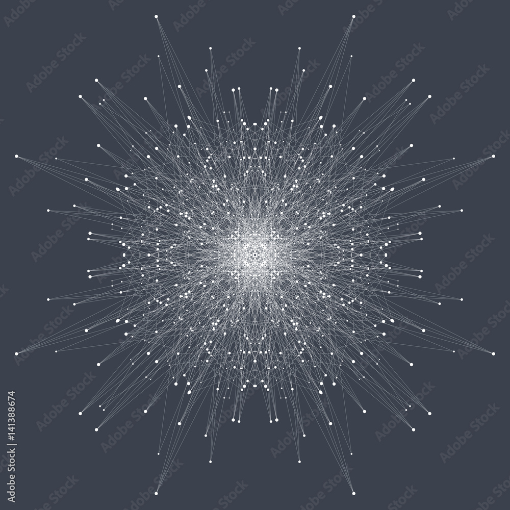 Fototapeta premium Fractal element with connected lines and dots. Big data complex. Particle compounds. Network connection, lines plexus. Minimalistic chaotic design, vector illustration.