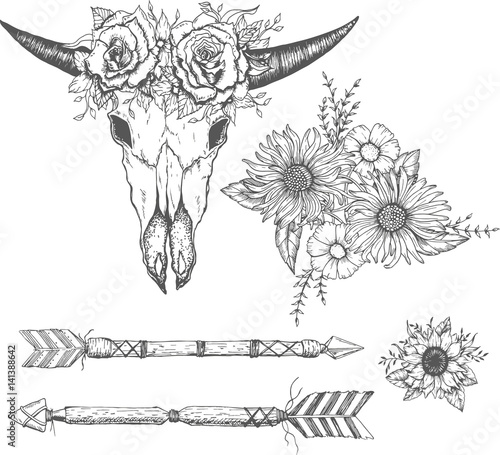 Beautiful boho elements . buffalo skull, arrows, feathers and flowers
