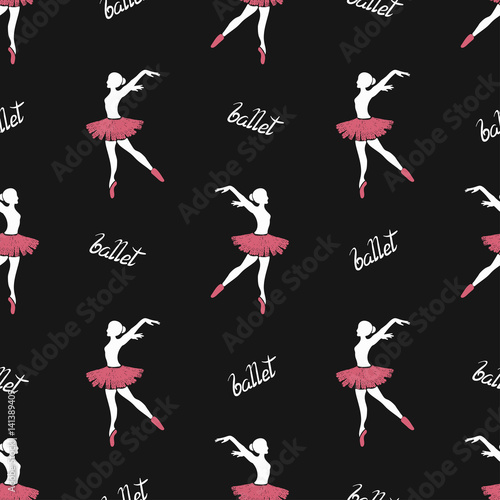 Ballet dancers seamless pattern. Vector black background with ballerinas.