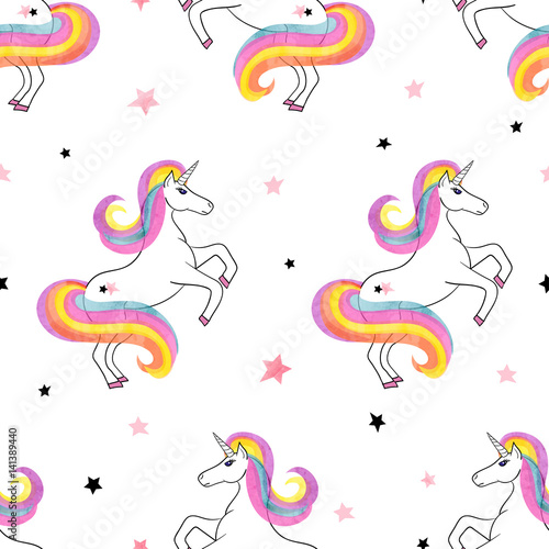 Seamless rainbow unicorns pattern. Vector magic background.