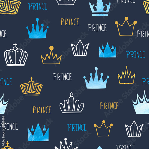 Little prince seamless pattern with watercolor and glittering crowns. Vector blue baby background.