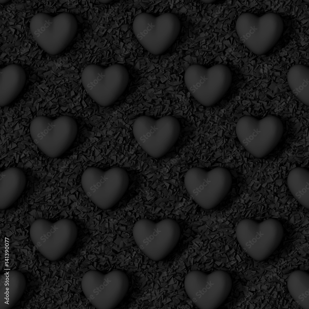 Obraz premium seamless black background made of hearts and tiny cube objects 
