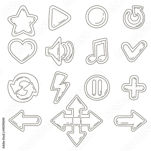 Player icons vector. Hand drawn. Player buttons and symbols. Player controls.
Doodle style. photo