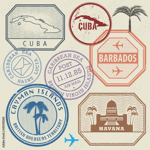 Travel stamps set Caribbean Sea theme