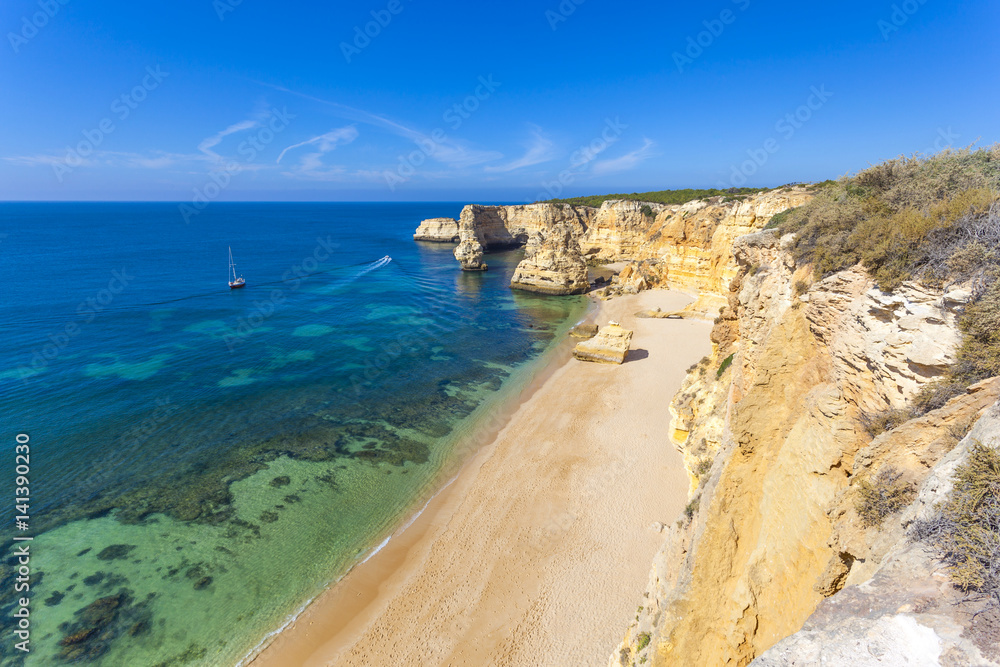 Top view of the idyllic Marinha beach in Algarve Portugal Top view of the idyllic Marinha beach in Algarve Portugal