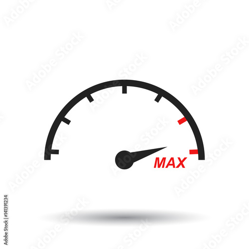 Max speed icon. Flat vector illustration. Speedometer, tachometer sign symbol with shadow on white background.