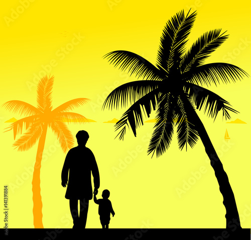 Grandmother walking with her grandson on the beach, one in the series of similar images silhouette