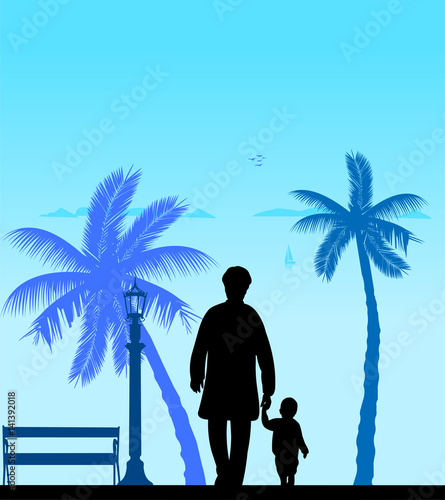 Grandmother walking with her grandson on the beach, one in the series of similar images silhouette