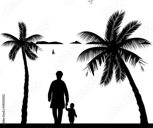 Grandmother walking with her grandson on the beach, one in the series of similar images silhouette