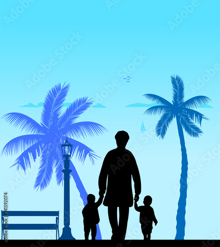 Grandmother walking with grandchildren on the beach, one in the series of similar images silhouette