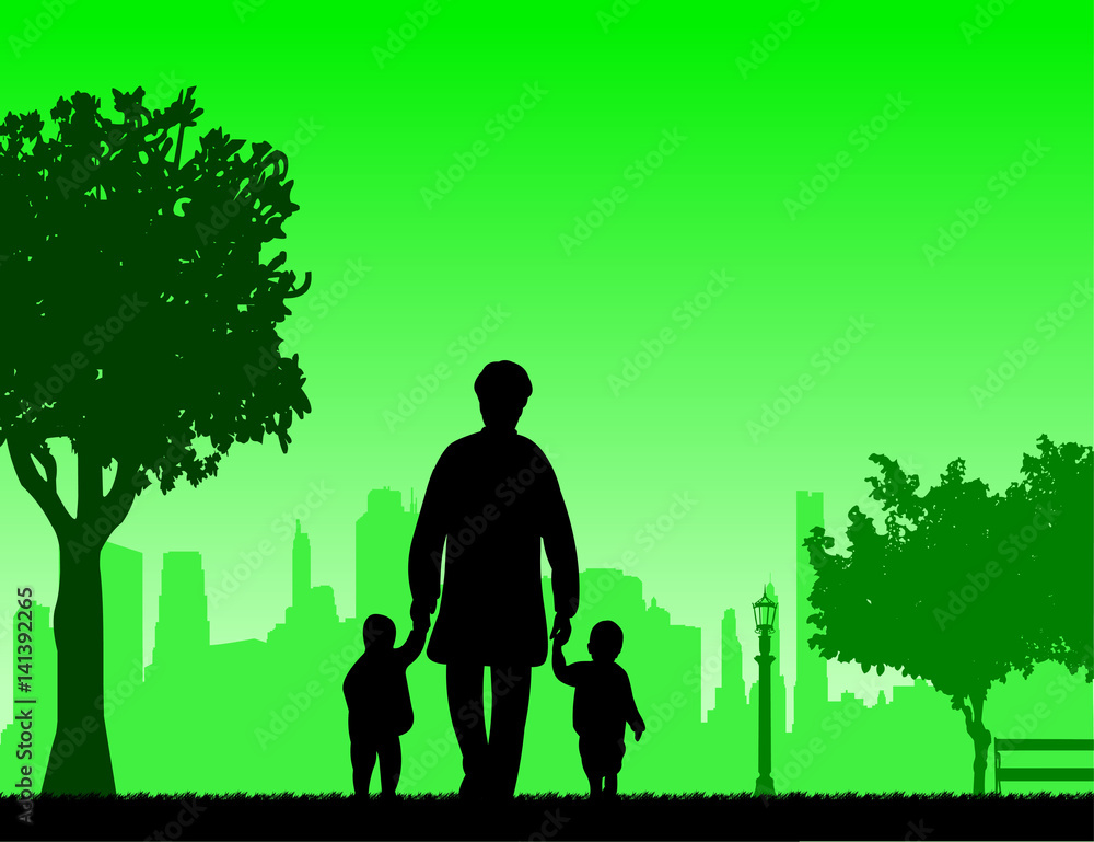 Grandmother walking with grandchildren in park, one in the series of similar images silhouette Grandmother walking with grandchildren in park, one in the series of similar images silhouette