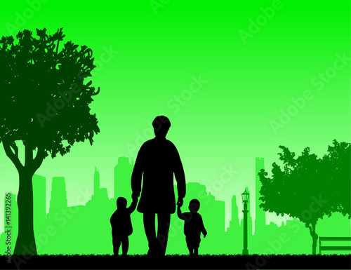 Grandmother walking with grandchildren in park, one in the series of similar images silhouette