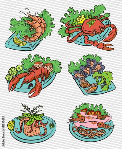 Seafood colorful vector illustrations
