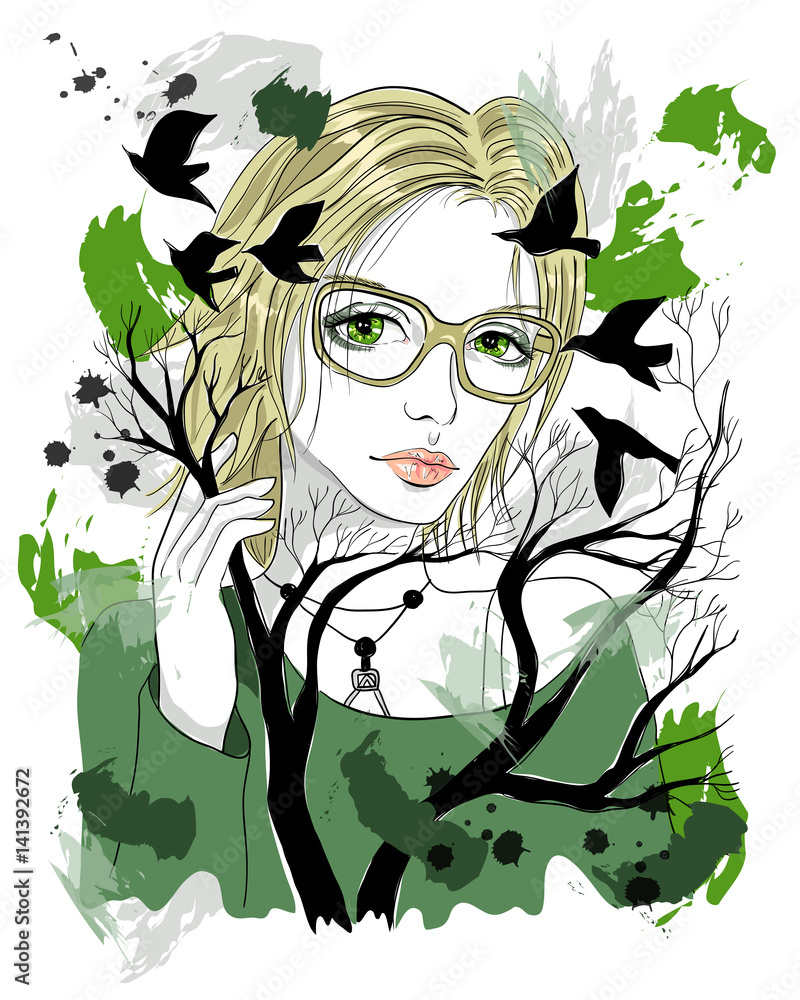 Beautiful girl with blonde hair and glasses. Trees and flying birds. Fashion Illustration on abstract background