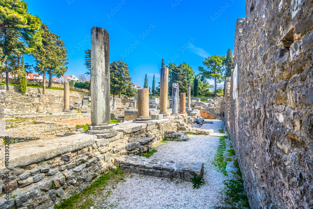 Fototapeta premium Salina old roman ruins. / Scenic view at old ruins of ancient roman city Salona in suburb of town Split, Croatia.