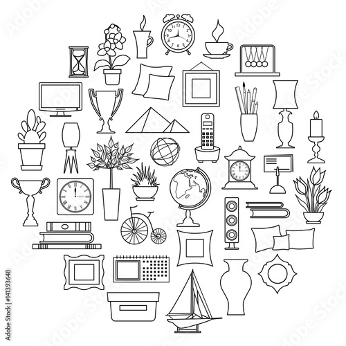 Set of interior decor in outline style isolated on white background. Icons for web design. Vector illustration.