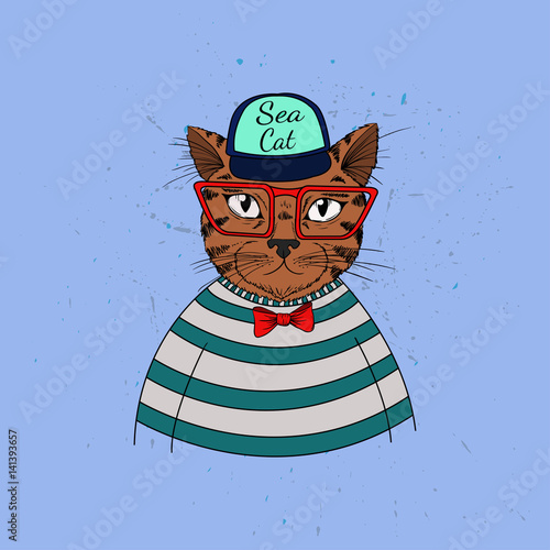 Vector cute summer illustration with hipster cat-sailor in cartoon style. photo