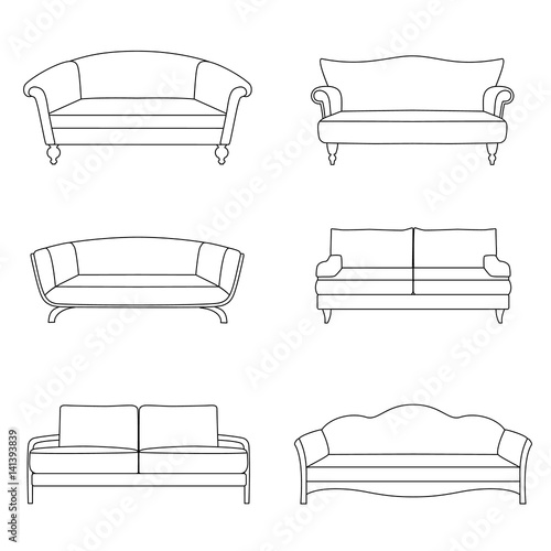 A set of outline sofa isolated on white background. Couch icon design. Vector illustration. 