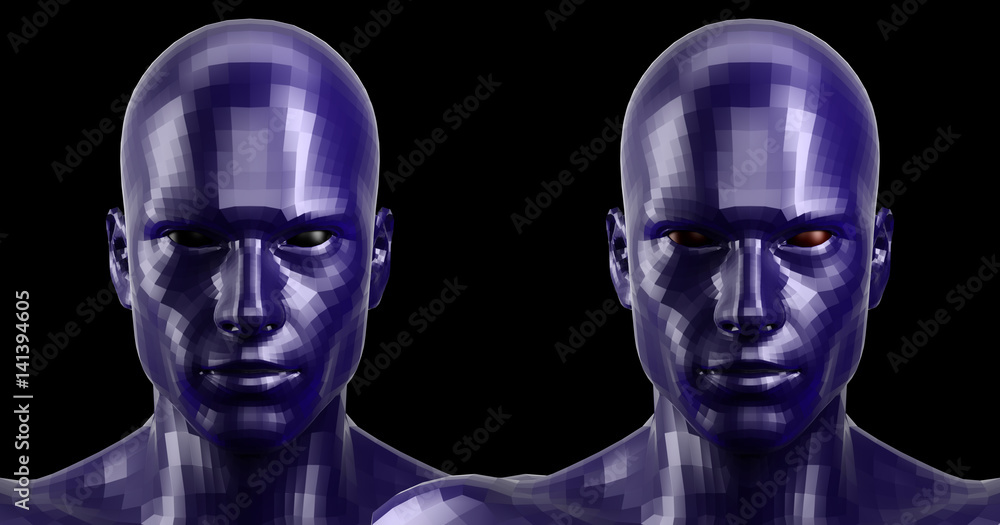 3d rendering. Two faceted blue android heads looking front on camera 3d rendering. Two faceted blue android heads looking front on camera