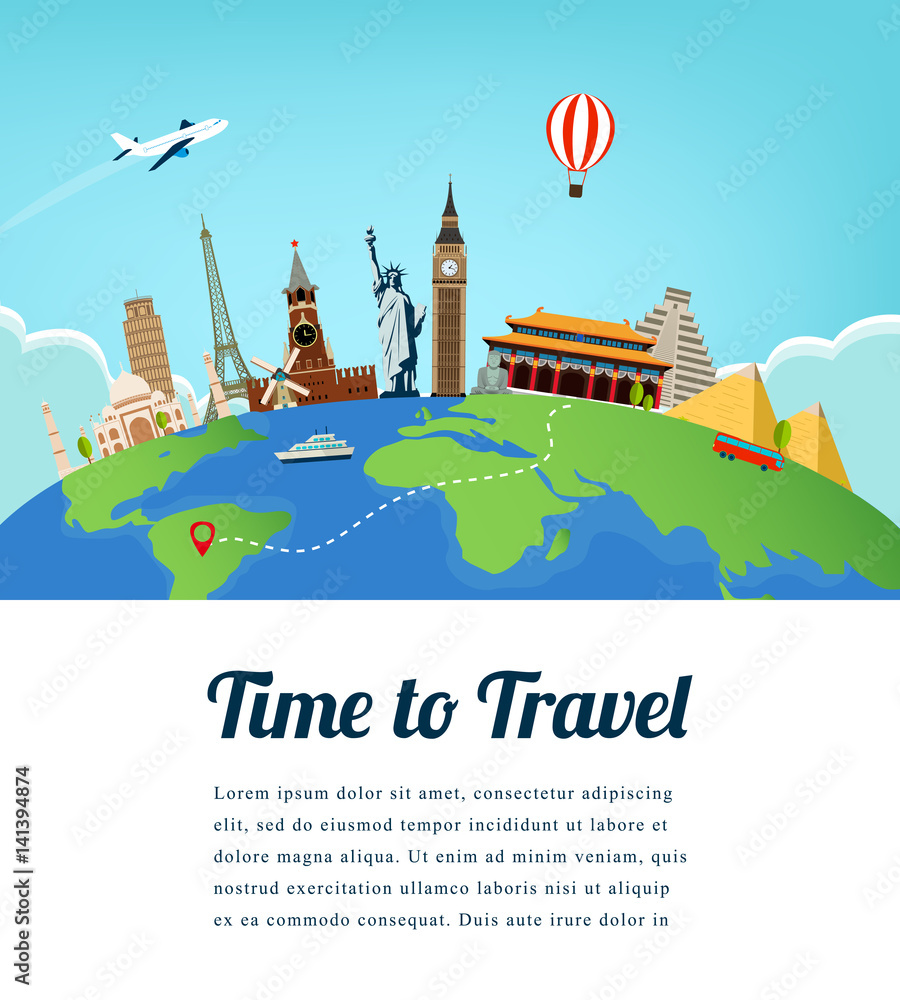 Obraz premium Travel composition with famous world landmarks. Travel and Tourism. Vector.