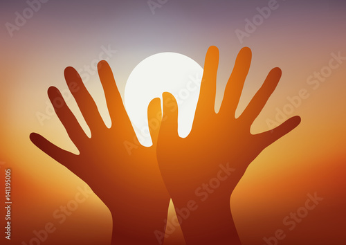 Main - Aile d'oiseau - paix - liberté - colombe - oiseau - Coucher de soleil
