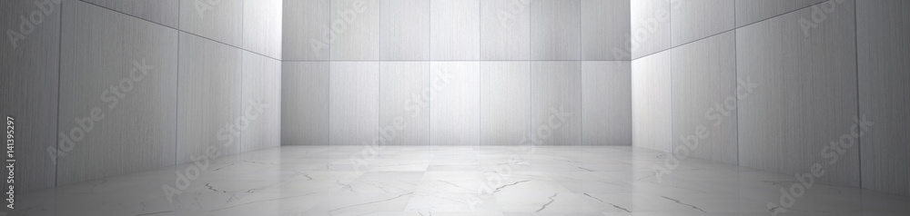Empty Room With Marble Floor and Metallic Wall Panels