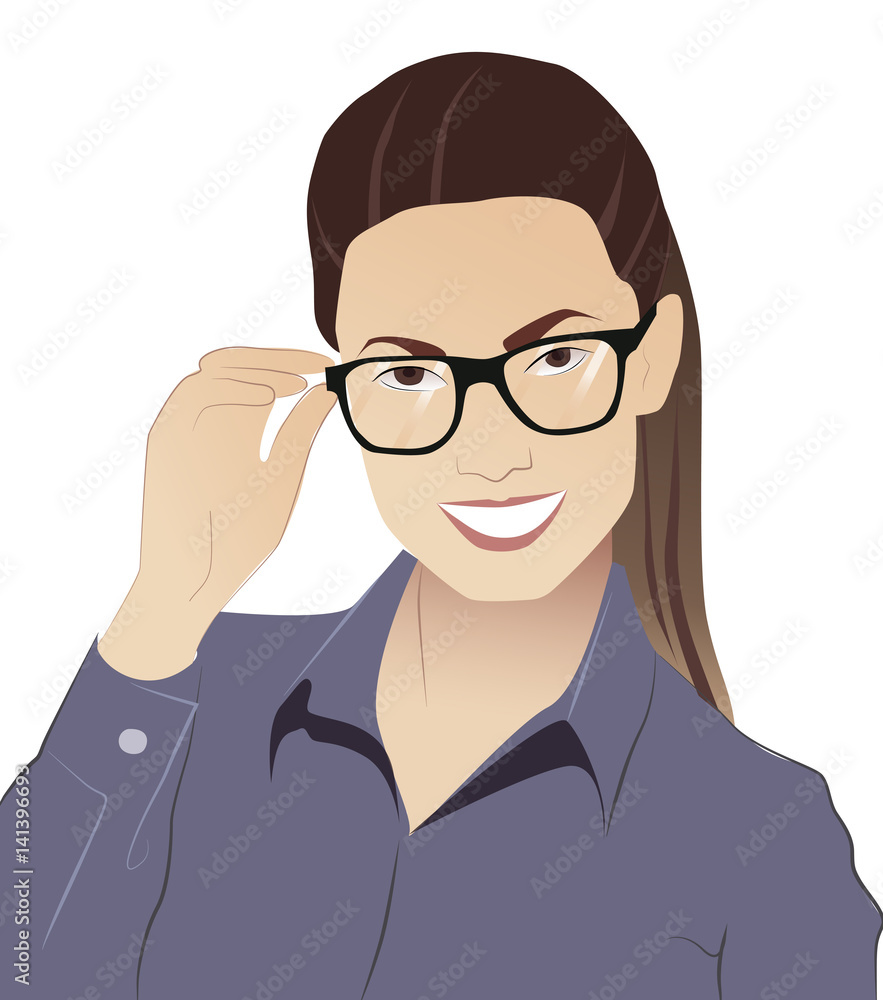 Closeup Studio portrait of young attractive woman with glasses on a red background. A slight smile, white striped shirt, hair wrapped in a ponytail Closeup Studio portrait of young attractive woman with glasses on a red background. A slight smile, white striped shirt, hair wrapped in a ponytail