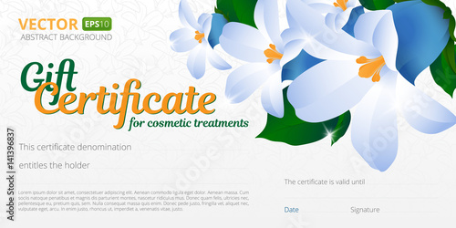 Gift certificate or voucher template for cosmetics treatments with spring floral background, seamless pattern and place for your text. Use this vector layout for design your website or publications.