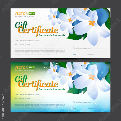 Gift certificate or voucher template for cosmetics treatments with spring floral background, seamless pattern and place for your text. Use this vector layout for design your website or publications.