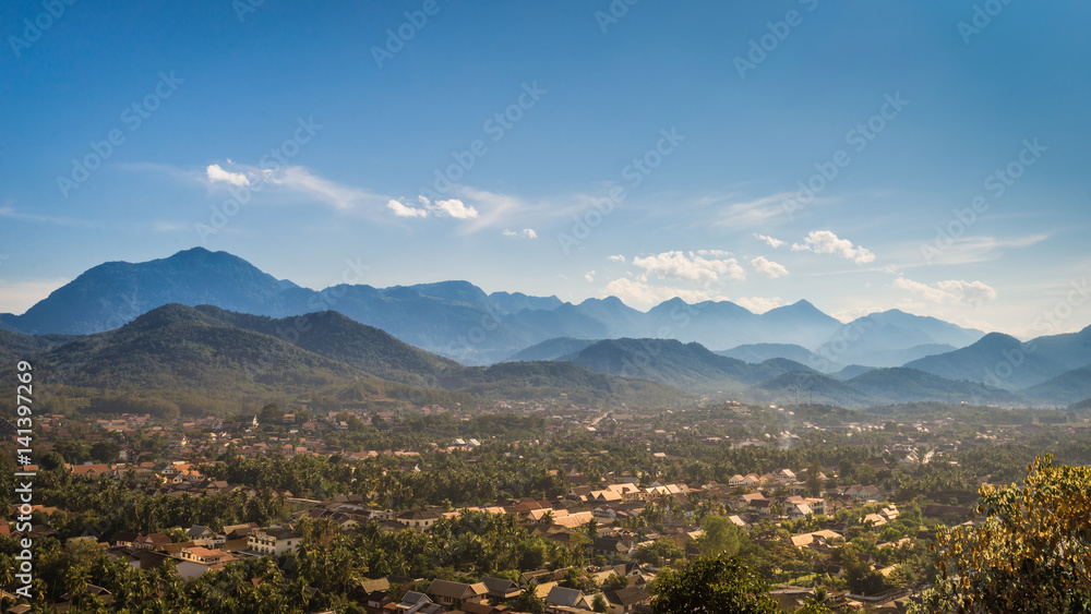 view on the top of Phusi mountain and blue sky at Luang Prabang, Laos