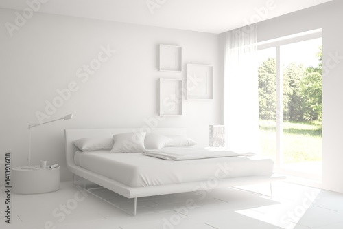 White modern bedroom with green landscape in window. Scandinavian interior design. 3D illustration