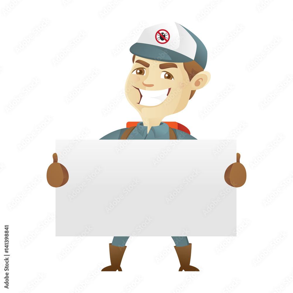 Pest control service holding blank sign
